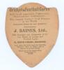 &lsquo;Nottingham Forest&rsquo;. Rare early shield shaped colour trade card printed in red with image of a player kicking the ball to centre and title &lsquo;Notts Forest&rsquo; to lower border. J. Baines Litho, Bradford believed to be 1912. With advertising to reverse. Minor we - 2