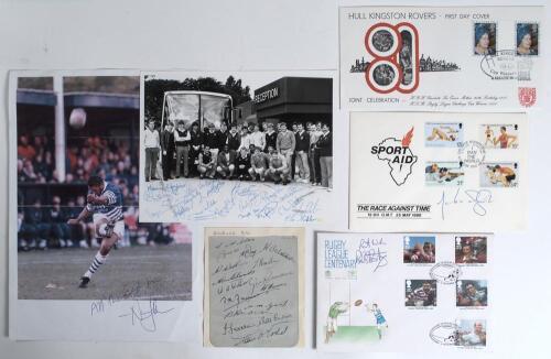 Rugby League. A selection of signed ephemera including a small album page nicely signed in ink by sixteen members of the Salford Rugby League team of the early 1930s. Signatures include Miller, Dalton, Day, Osbaldestin, Watkins, Bradbury, Edwards, William