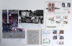 Rugby League. A selection of signed ephemera including a small album page nicely signed in ink by sixteen members of the Salford Rugby League team of the early 1930s. Signatures include Miller, Dalton, Day, Osbaldestin, Watkins, Bradbury, Edwards, William