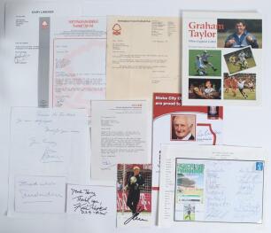 Signed football ephemera 1970s-2010s. A selection of signed letters, book, programme, cover etc. Includes two letters from Nottingham Forest managers, Brian Clough dated 1979, and Frank Clark 1994. Other letters signed by Bob Wilson 1979, Len Shackleton 1