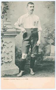 Jack Cox. Liverpool & England 1898&ndash;1909. Early mono printed postcard of Cox, full length, wearing England kit. Title to lower border &lsquo;Celebrated Football Players: J. Cox&rsquo;. Raphael Tuck &lsquo;Football&rsquo; Postcard&rsquo; Series 599. Postally unused. Very good condition.