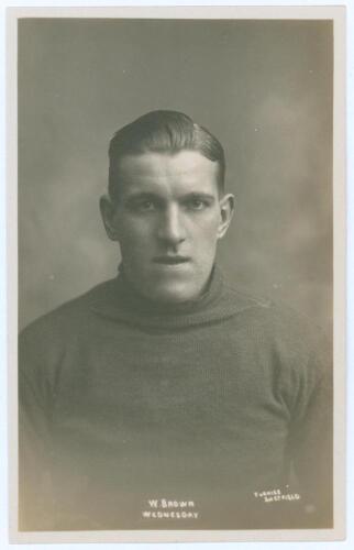 Jack Brown. Sheffield Wednesday & England 1923&ndash;1937. Early mono real photograph postcard of Brown, half length, wearing goalkeepers jersey. Title to lower border &lsquo;W. Brown. Wednesday&rsquo;. Furniss of Sheffield, marked in pencil &lsquo;1921&rsquo;. Postally unused. Very g