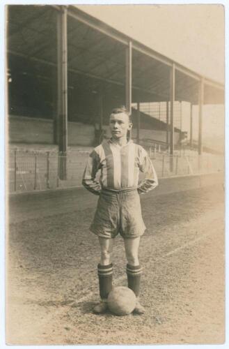 Lewis Bedford. Walsall and Sheffield Wednesday 1922&ndash;1927 and 1928. Early mono real photograph postcard of Bedford, full length in Wednesday kit. Publisher unknown. Postally unused. Very good condition.