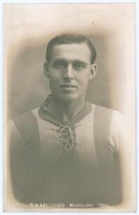 Thomas Brelsford. Sheffield Wednesday 1914-1924. Early mono real photograph postcard of Brelsford, half length, wearing Wednesday shirt. Title to lower border &lsquo;T.W. Brelsford. Wednesday&rsquo;. Furniss of Sheffield, marked in pencil &lsquo;1921&rsquo;. Postally unused. Goo