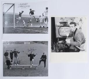 Manchester United c.1968. Three signed mono copy photographs. Players/ signatures featured are Brian Kidd and Alex Stepney in training, Harry Gregg making a save, and David Sadler at home with a cup of tea. Each measures 10&rdquo;x8&rdquo;. Very good condition.