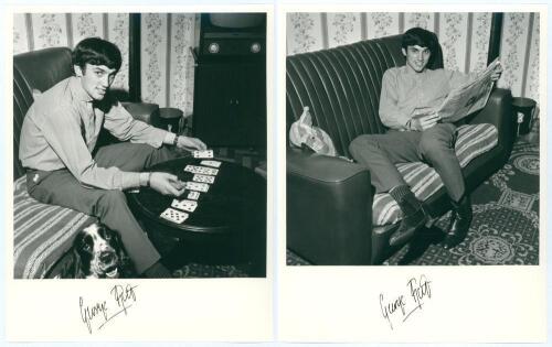 George Best. Manchester United. Two mono copy photographs of a youthful Best at home, one of him playing cards with a dog in attendance, the other of Best reclining on a settee. Both photographs nicely signed to the lower border by Best. Each measures 10&rdquo;