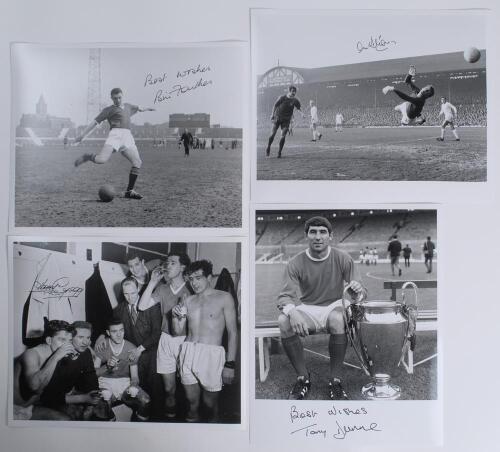 Manchester United 1960s. Four signed mono copy photographs. Players/ signatures featured are Bill Foulkes on the training ground, Harry Gregg in the dressing room with team mates, Alex Stepney making a diving save, and Tony Dunne with the European Cup tro