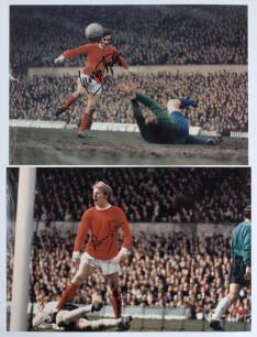 Denis Law and George Best. Manchester United. Two colour copy photographs of Law and Best both in match action. Each photograph nicely signed in black ink by the featured player. Each measures 11.5&rdquo;x8&rdquo;. Very good condition.