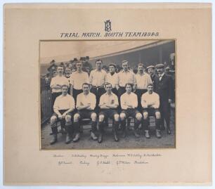 &lsquo;Trial Match. South Team 1898-9&rsquo;. Early original sepia photograph of the South Team seated and standing in rows wearing football attire for an England trial match. Players featured include two England captains, G.O. Smith and Wiliam Oakley, also Stanley B