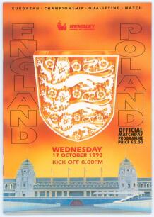 England v Poland 1990. Official programme for the European Championship Qualifying Match played at Wembley Stadium 17th October 1990, with official match and car park tickets. The programme signed to page 5 by three England managers, Graham Taylor, Bobby 