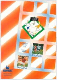 England v Holland [Netherlands] 1993. Official programme for the World Cup Qualifying Match played at Wembley Stadium 28th April 1993, with official complimentary match ticket. Eleven signatures to the first three pages including footballers and managers 