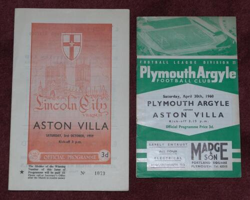 Aston Villa F.C. Season 1959/60. Almost complete run of twenty four away programmes for the season including League and Cup matches. Some faults, one programme with file holes, some faults to odd programme including creasing and some wear otherwise in goo