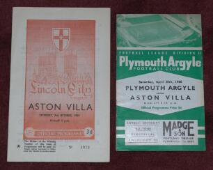 Aston Villa F.C. Season 1959/60. Almost complete run of twenty four away programmes for the season including League and Cup matches. Some faults, one programme with file holes, some faults to odd programme including creasing and some wear otherwise in goo