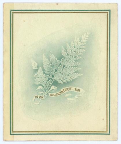 &lsquo;The Australian Cricket Team 1909&rsquo;. Folding fixture/itinerary card for the Australian tour of England 1909. Decorative covers, with title, with cameo pen pictures of the players and facsimile signatures of the tourists to inside pages and tour fixtures to