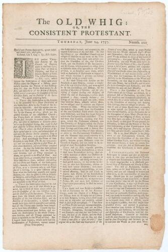 &lsquo;The Old Whig: or the Consistent Protestant&rsquo;. Original early four page tabloid size newspaper for 24th June 1737. Sold by J. Roberts near the Oxford Arms in Warwick Lane, London. Starting on page two column 3 and following is a report of a cricket match, 