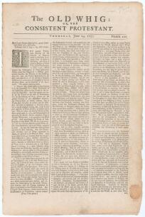 &lsquo;The Old Whig: or the Consistent Protestant&rsquo;. Original early four page tabloid size newspaper for 24th June 1737. Sold by J. Roberts near the Oxford Arms in Warwick Lane, London. Starting on page two column 3 and following is a report of a cricket match, 