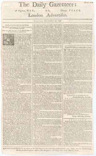 &lsquo;The Daily Gazetteer: or, London Advertiser&rsquo;. Original early two page newspaper for 25th September 1746. Printed by J. Griffith at the Crown, Fleet Street, London. Page two column 2 features a thirteen line cricket report and announcement. &lsquo;The great Matc
