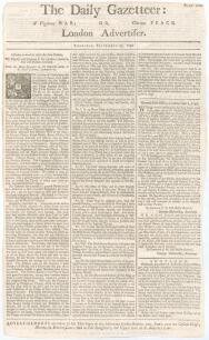 &lsquo;The Daily Gazetteer: or, London Advertiser&rsquo;. Original early two page newspaper for 25th September 1746. Printed by J. Griffith at the Crown, Fleet Street, London. Page two column 2 features a thirteen line cricket report and announcement. &lsquo;The great Matc