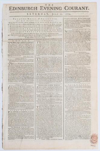 &lsquo;The Edinburgh Evening Courant&rsquo;. Original early four page newspaper for 11th July 1772. Printed for R. Fleming, Edinburgh. Page two column 2 features a twelve line report of a dispute at a cricket match. &lsquo;The Prince of Wales was lately playing at cricket 