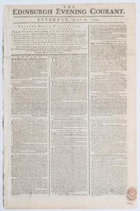 &lsquo;The Edinburgh Evening Courant&rsquo;. Original early four page newspaper for 11th July 1772. Printed for R. Fleming, Edinburgh. Page two column 2 features a twelve line report of a dispute at a cricket match. &lsquo;The Prince of Wales was lately playing at cricket 