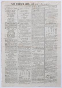 &lsquo;The Morning Post and Daily Advertiser&rsquo;. Original early four page broadsheet newspaper for 10th August 1786. Printed by P. Stuart, Strand London. Page two column 4 features a cricket report, &lsquo;Thursday last the match of cricket between the Earl of Winchels