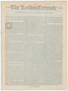 &lsquo;The London Chronicle&rsquo;. Original early eight page newspaper/ magazine for 7th- 9th June 1787. Sold by T. Wilkie, St. Paul&rsquo;s Churchyard, London. A report on page 547 columns 1 & 2 states &lsquo;Tuesday [5th June 1787] a grand match commenced at the new Cricket g
