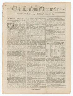 &lsquo;The London Chronicle&rsquo; 1789. Early and original tabloid size eight page newspaper for 25th to 28th July 1789. Volume LXVI, No. 5119, published by T. Wilkie of St Paul&rsquo;s Churchyard. With one and a half columns recording &lsquo;Laws of the Game&rsquo; of cricket togeth