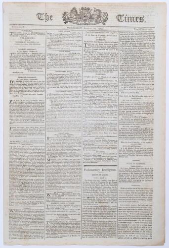 &lsquo;The Times&rsquo;. Original early four page broadsheet newspaper for 12th August 1789. Printed by R. Nutkins, Blackfriars, London. An amusing 33 line report on page 3 column 2 records &lsquo;On Wednesday last a match of cricket was played at Hackney, between the gent