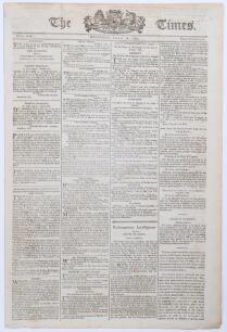 &lsquo;The Times&rsquo;. Original early four page broadsheet newspaper for 12th August 1789. Printed by R. Nutkins, Blackfriars, London. An amusing 33 line report on page 3 column 2 records &lsquo;On Wednesday last a match of cricket was played at Hackney, between the gent
