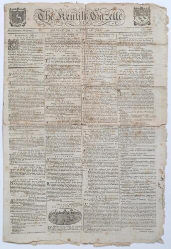 &lsquo;The Kentish Gazette&rsquo;. Original early four page broadsheet newspaper for 2nd- 6th July 1790. Printed by Simmons and Kirkby of Canterbury. Page one column 2 features a &lsquo;Cricketing&rsquo; announcement with an attractive woodcut image of a match, often seen in Ken
