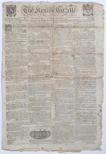 &lsquo;The Kentish Gazette&rsquo;. Original early four page broadsheet newspaper for 2nd- 6th July 1790. Printed by Simmons and Kirkby of Canterbury. Page one column 2 features a &lsquo;Cricketing&rsquo; announcement with an attractive woodcut image of a match, often seen in Ken