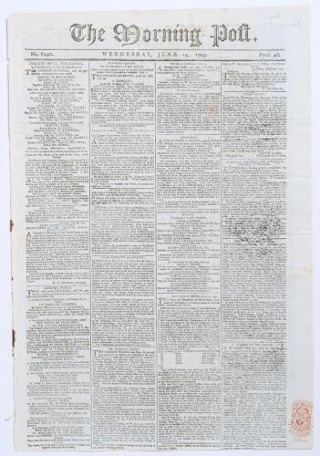 &lsquo;The Morning Post&rsquo;. Original early four page broadsheet newspaper for 19th June 1793. Printed by J. Norris, Strand, London. Page three column 3 reports &lsquo;On Monday last and Yesterday was played a Grand Match, in Lord&rsquo;s Ground, Mary-le-bone&rsquo;, between the Ge