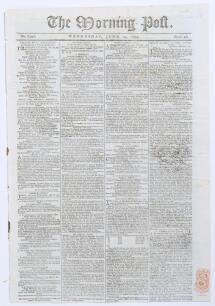 &lsquo;The Morning Post&rsquo;. Original early four page broadsheet newspaper for 19th June 1793. Printed by J. Norris, Strand, London. Page three column 3 reports &lsquo;On Monday last and Yesterday was played a Grand Match, in Lord&rsquo;s Ground, Mary-le-bone&rsquo;, between the Ge