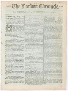 &lsquo;The London Chronicle&rsquo;. Original early eight page newspaper/ magazine for 9th- 11th August 1796. Sold by T. Wilke, Paternoster Row, London. Page 139 column 1 features an intriguing and amusing 23 line report on a cricket match. &lsquo;Tuesday a curious cricket 