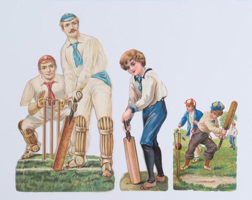 Cricket scraps. Three late Victorian colour chromolitho cut out pictures (scraps), one of a batsman, stumps and wicket keeper. 11.5&rdquo; tall with stand-up flap to verso. Tape repair to verso of batsman&rsquo;s head, otherwise in very good condition. The others are