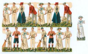 Cricket scraps. Sheet comprising four complete sets of late Victorian colour chromolitho cut out pictures (scraps), all joined as originally issued. The sets each comprise a group of four, two with lady and gentlemen tennis and golf players, and two with 