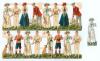 Cricket scraps. Sheet comprising four complete sets of late Victorian colour chromolitho cut out pictures (scraps), all joined as originally issued. The sets each comprise a group of four, two with lady and gentlemen tennis and golf players, and two with 