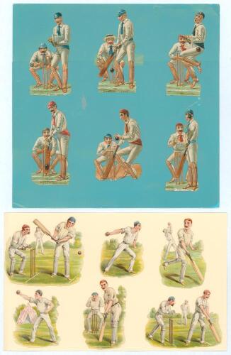 Cricket scraps. Two groups, each of six late Victorian colour chromolitho cut out pictures (scraps), laid to modern cards. One set depicts a batsman and wicket-keeper in different poses, four with captions, &lsquo;Play&rsquo;, &lsquo;Bowled indeed&rsquo;, &lsquo;Oh!&rsquo;, and &lsquo;Played Sir&rsquo;