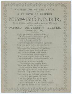 Albert Craig &lsquo;The Surrey Poet&rsquo;. &lsquo;Written During the match. A Tribute of Respect to Mr. [W.E.] Roller on the brilliant achievement in securing 103 runs against the famous Oxford University Eleven, June 29 1887&rsquo;. Original and rare single sided penny card of