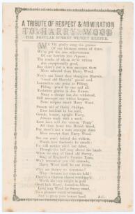 Albert Craig &lsquo;The Surrey Poet&rsquo;. &lsquo;A Tribute of Respect & Admiration to Harry Wood the Popular Surrey Wicket Keeper&rsquo;. Original printed poem in five stanzas by Albert Craig with decorative border. To the verso is an advertisement for F.H. Ayres sports equipm