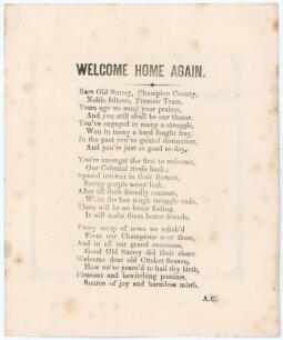 Albert Craig &lsquo;The Surrey Poet&rsquo;. &lsquo;Welcome Home Again&rsquo;. Original poem in three stanzas by Albert Craig printed on plain page welcoming the start of the new cricket season and the impending Australian tour to England. To the verso is an advertisement for F.H