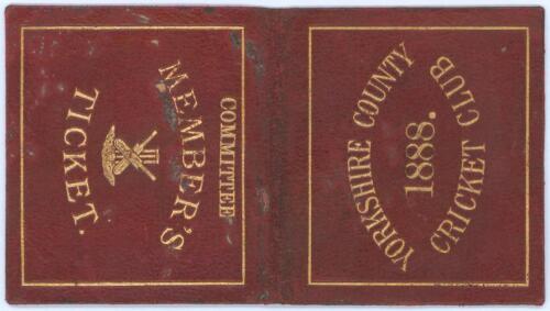 Yorkshire C.C.C. 1888. Official small folding &lsquo;Committee Member&rsquo;s Ticket&rsquo; and fixture list issued to &lsquo;Rich&rsquo;d. Gillott&rsquo;. Maroon leather covers with gilt titles &lsquo;Yorkshire County Cricket Club 1888&rsquo; to front and &lsquo;Committee Member&rsquo;s Ticket&rsquo; to rear. The ticke