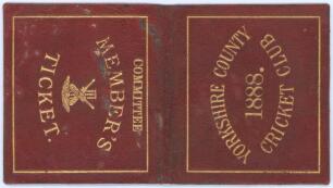 Yorkshire C.C.C. 1888. Official small folding &lsquo;Committee Member&rsquo;s Ticket&rsquo; and fixture list issued to &lsquo;Rich&rsquo;d. Gillott&rsquo;. Maroon leather covers with gilt titles &lsquo;Yorkshire County Cricket Club 1888&rsquo; to front and &lsquo;Committee Member&rsquo;s Ticket&rsquo; to rear. The ticke