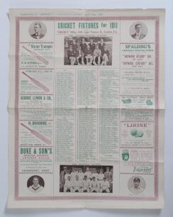 &lsquo;Cricket Fixtures for 1911&rsquo;. Issued by &lsquo;Cricket&rsquo;, 169 Upper Thames Street, London. Supplement to Cricket (a Weekly Record of the Game, magazine) 15th April 1911. Large original rare poster for the 1911 season. Printed by Merritt & Hatcher, London. The col