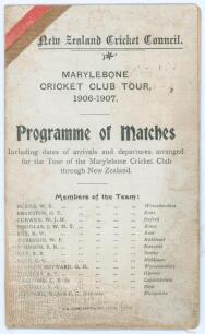M.C.C. tour to New Zealand 1906/07. &lsquo;Marylebone Cricket Club Tour, 1906-1907&rsquo;. Official folding itinerary and fixture card issued by the New Zealand Cricket Council for the tour. Printed title and M.C.C. touring party listed to front with diagonal red and