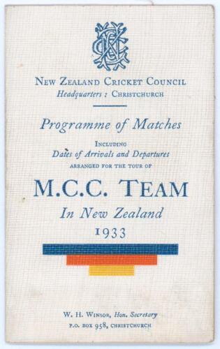M.C.C. tour to Australia and New Zealand 1932/33. &lsquo;M.C.C. Team in New Zealand 1933&rsquo;. Official folding itinerary card issued by the New Zealand Cricket Council for the New Zealand leg of the tour. Printed titles and M.C.C. colours to front, list of tour me