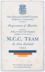 M.C.C. tour to Australia and New Zealand 1932/33. &lsquo;M.C.C. Team in New Zealand 1933&rsquo;. Official folding itinerary card issued by the New Zealand Cricket Council for the New Zealand leg of the tour. Printed titles and M.C.C. colours to front, list of tour me