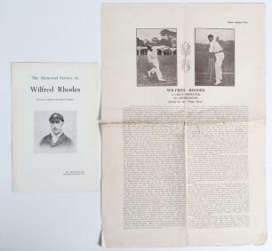 Yorkshire. Wilfred Rhodes 1877-1973. Printed four page brochure for the Memorial Service to Wilfred Rhodes held at Bramall Lane, Sheffield, 4th August 1973. Published by the Northern Cricket Society, stamped no. 89. Padwick 7995. Good condition. Sold with