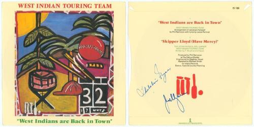 &lsquo;West Indies 1984. &lsquo;West Indies are back in Town&rsquo; (A side) and &lsquo;Skipper Lloyd (Have Mercy) (B side). Official 45rpm record for the tour in original decorative cover. Signed to the back cover by Joel Garner and Thelston Payne who sung on the B side track. 