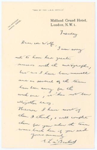 Edward Lambert &lsquo;Ted&rsquo; a&rsquo;Beckett. Victoria & Australia 1927-1932. Single page handwritten letter from a&rsquo;Beckett to E.G. Wolfe, brother-in-law of Sir Julien Cahn. Written on Midland Grand Hotel, London headed notepaper, the letter is undated but likely to be